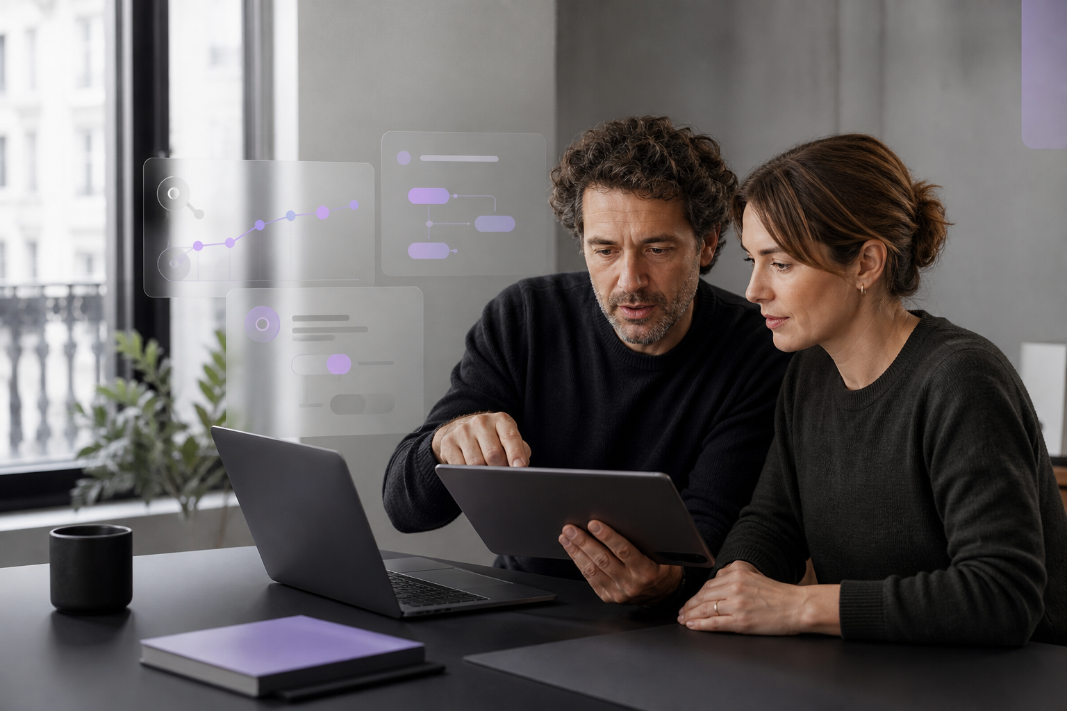 Une dirigeante et un consultant comparent des logiciels sur un ordinateur et une tablette.