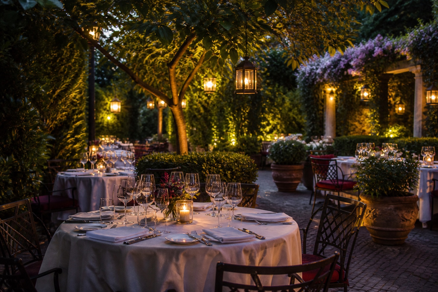 Ristorante in un giardino con tavoli tra alberi e lanterne